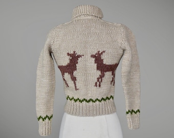 Vintage 1950s Cowichan Hand Knit Wool Sweater with Baby Deer / Fawns, Kids Juniors 50s Sweater