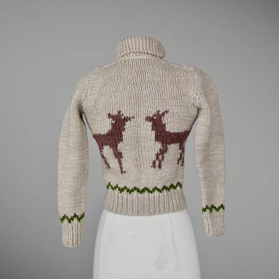 Vintage 1950s Cowichan Hand Knit Wool Sweater with Baby Deer / Fawns, Kids Juniors 50s Sweater