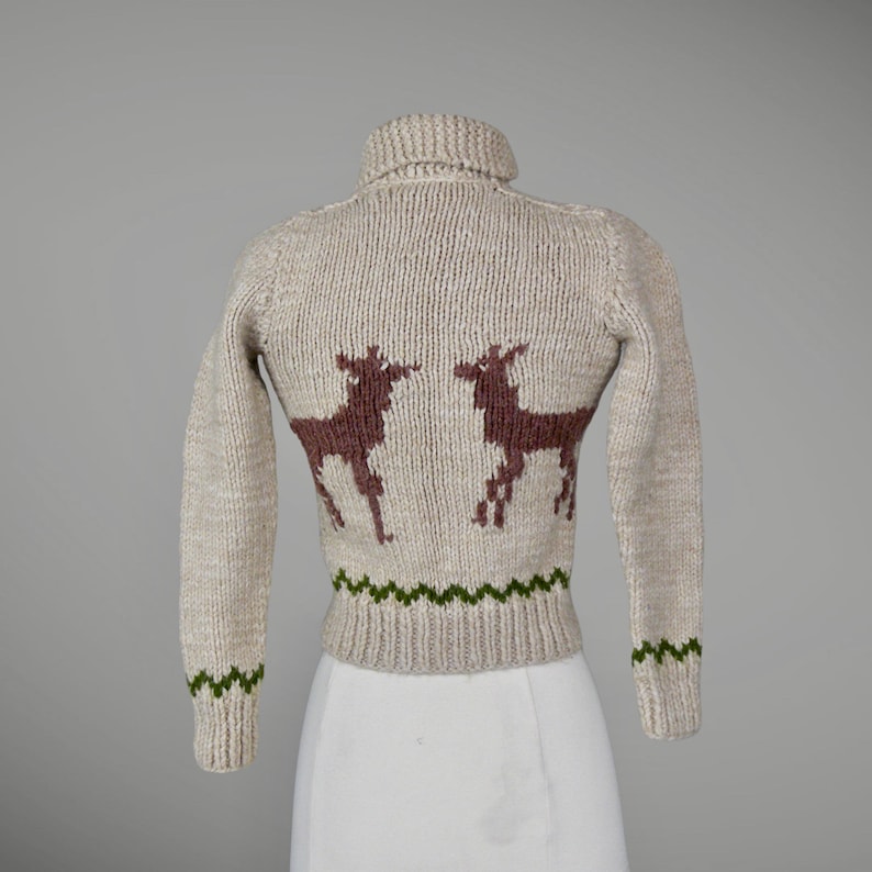 Vintage 1950s Cowichan Hand Knit Wool Sweater with Baby Deer / Fawns, Kids Juniors 50s Sweater image 1