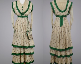 1900s 1910s Edwardian Embossed Floral Silk Lace Dress with Purse, Emerald Green Silk Ribbon Trim Antique Tiered Dress, XS 25 Waist