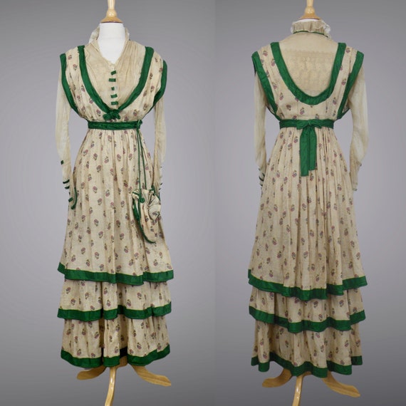 1900s 1910s Edwardian Embossed Floral Silk Lace Dress with Purse, Emerald Green Silk Ribbon Trim Antique Tiered Dress, XS 25 Waist