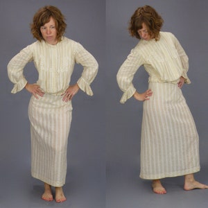 1900s Gibson Girl Dress, Antique Edwardian Lace Appliqué Striped Linen Blouse and Skirt Set, XS S image 6