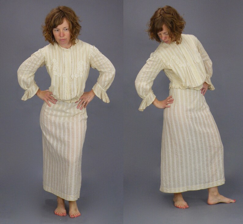 1900s Gibson Girl Dress, Antique Edwardian Lace Appliqué Striped Linen Blouse and Skirt Set, XS S image 6