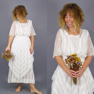 Edwardian Tea Dress, Antique 1900s Dress, Striped White Cotton Lace Bohemian Dress, XS