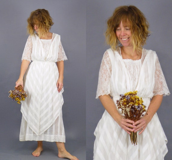 Edwardian Tea Dress, Antique 1900s Dress, Striped White Cotton Lace Bohemian Dress, XS