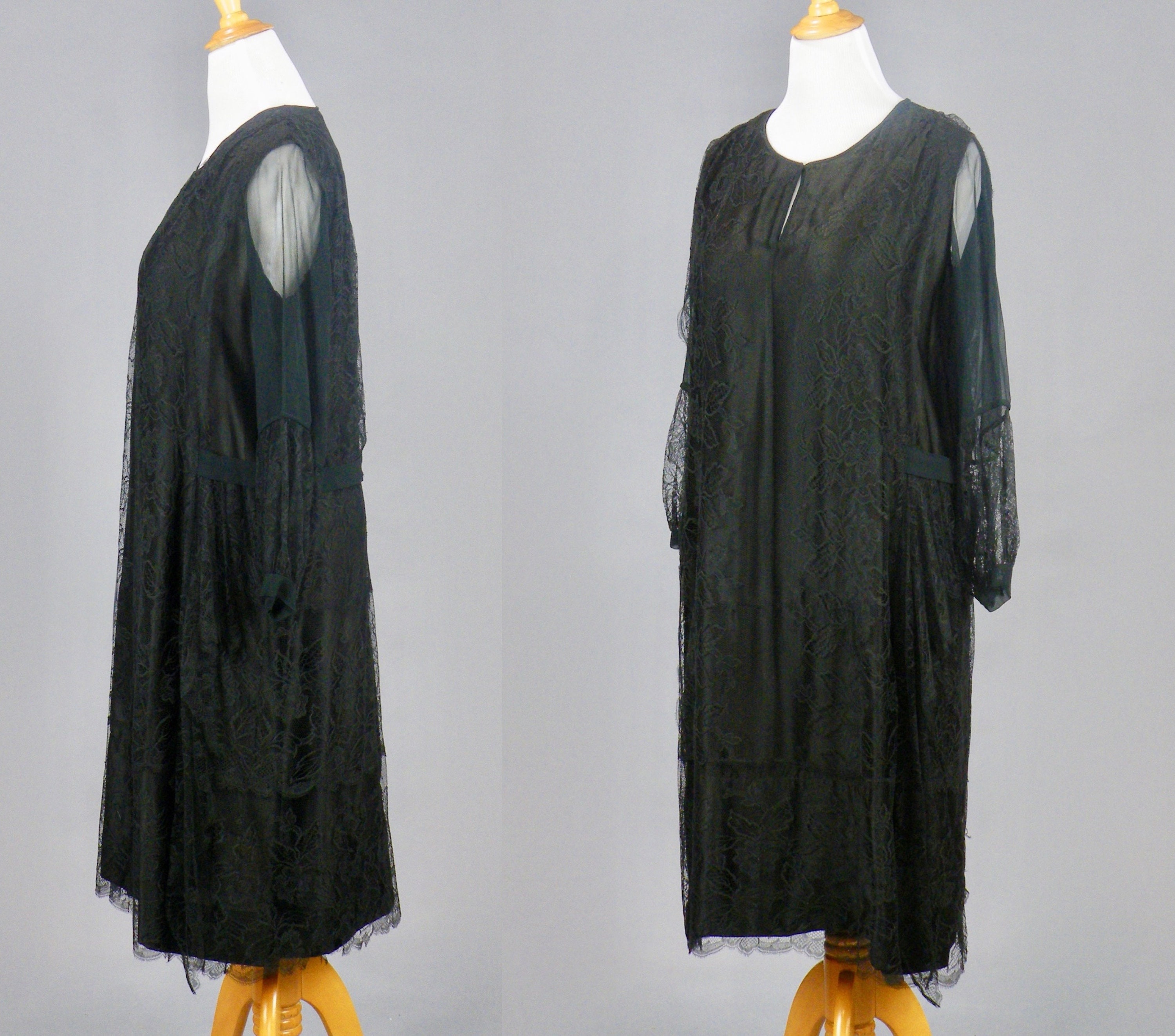 Vintage 1920s Black Silk Lace Jazz Age Dress, Size Large