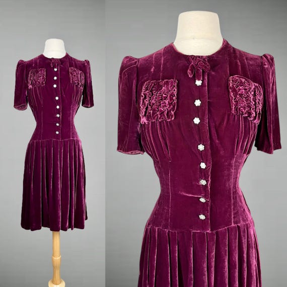 Late 1930s Rayon Velvet Dress | Raspberry Short Sleeve Cocktail Dress with Ruched Bust & Pleated Skirt | Vintage Cocktail Dress Small