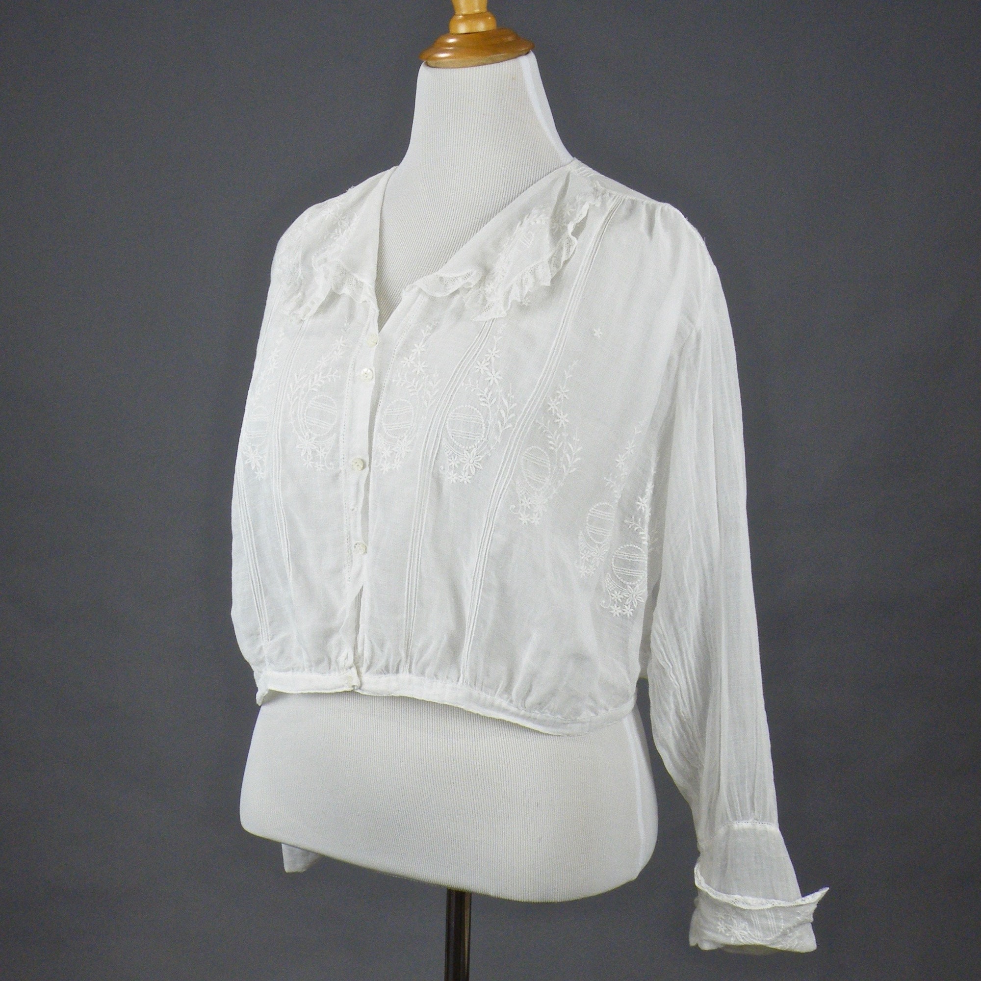 Antique 1910s 20s Embroidered White Cotton Lace Blouse, L - XL