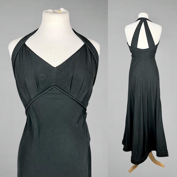 Vintage 1930s Black Moiré Taffeta Evening Gown | Bias Cut Halter Dress with Quilted Rolled Detailing, Old Hollywood Glamour | Small