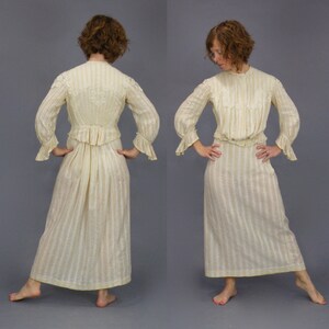 1900s Gibson Girl Dress, Antique Edwardian Lace Appliqué Striped Linen Blouse and Skirt Set, XS S image 2