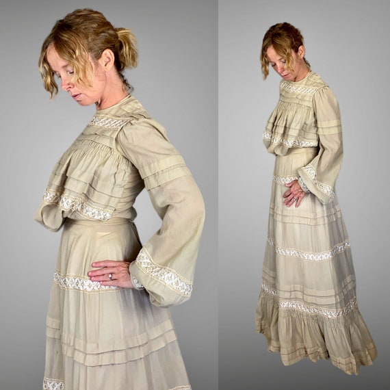 Antique 1900s Gibson Girl Dress, Edwardian Beige … - image 3