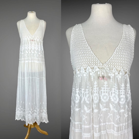 Vintage 1920s Embroidered Cotton Crochet Slip Dress, Antique White Dress, Sheer Bohemian Summer Dress, M