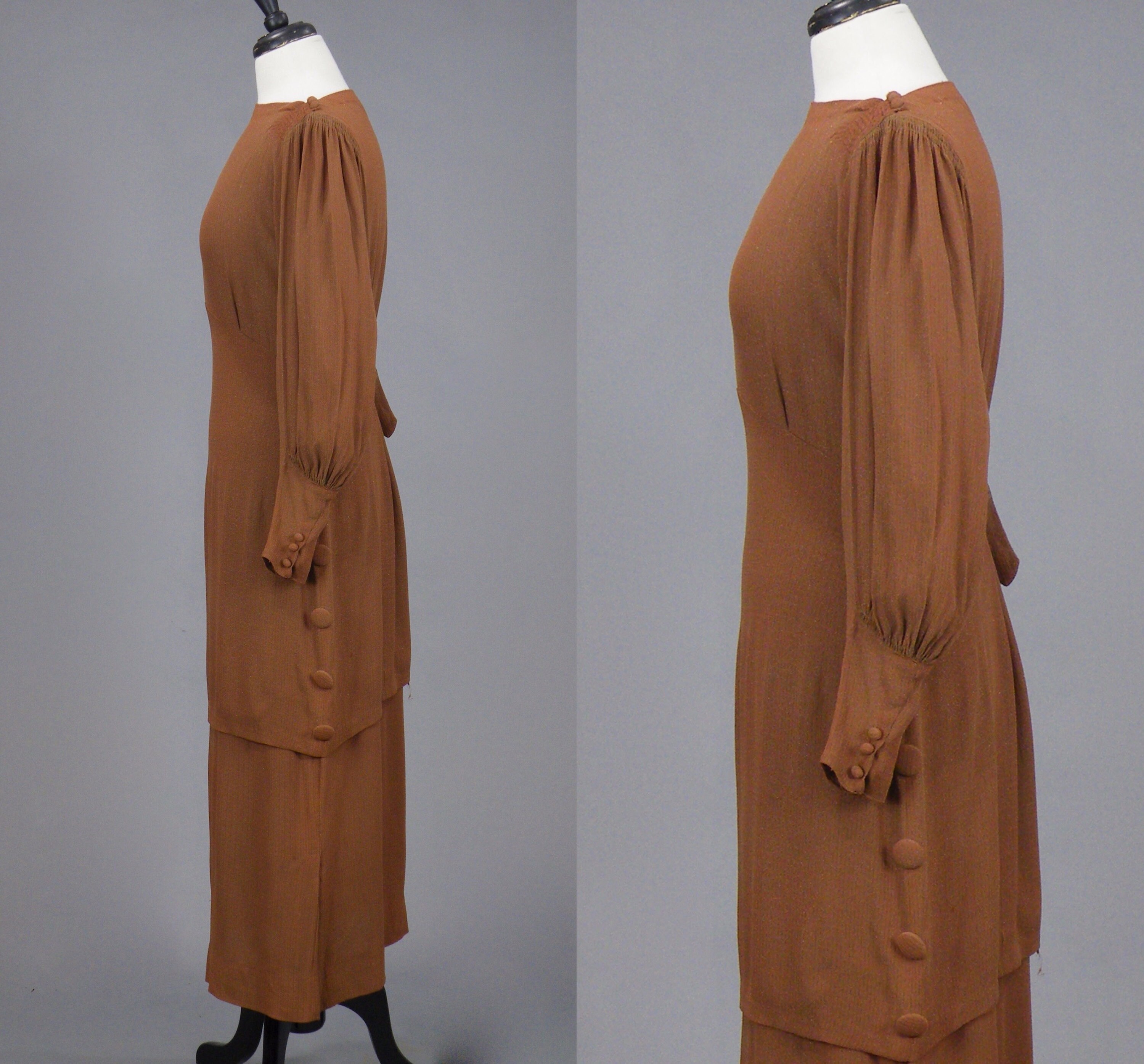 Vintage 1930s Sienna Brown Metallic Crepe Tiered Bishop Sleeve Dress ...