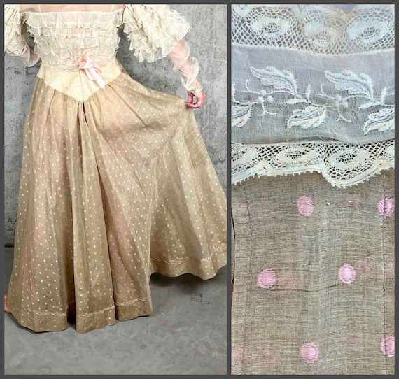 Antique Edwardian Organdy Skirt | 1900s Sheer Ecru Skirt with Pink Polka Dots | Embroidered Waistband, Silk Ribbon & Lace Hip Panels XS 23W