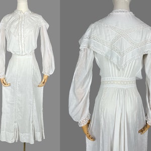 1900s Edwardian Dress, Antique White Cotton Inset Lace Gibson Girl Dress, XS - S