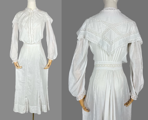 1900s Edwardian Dress, Antique White Cotton Inset Lace Gibson Girl Dress, XS - S