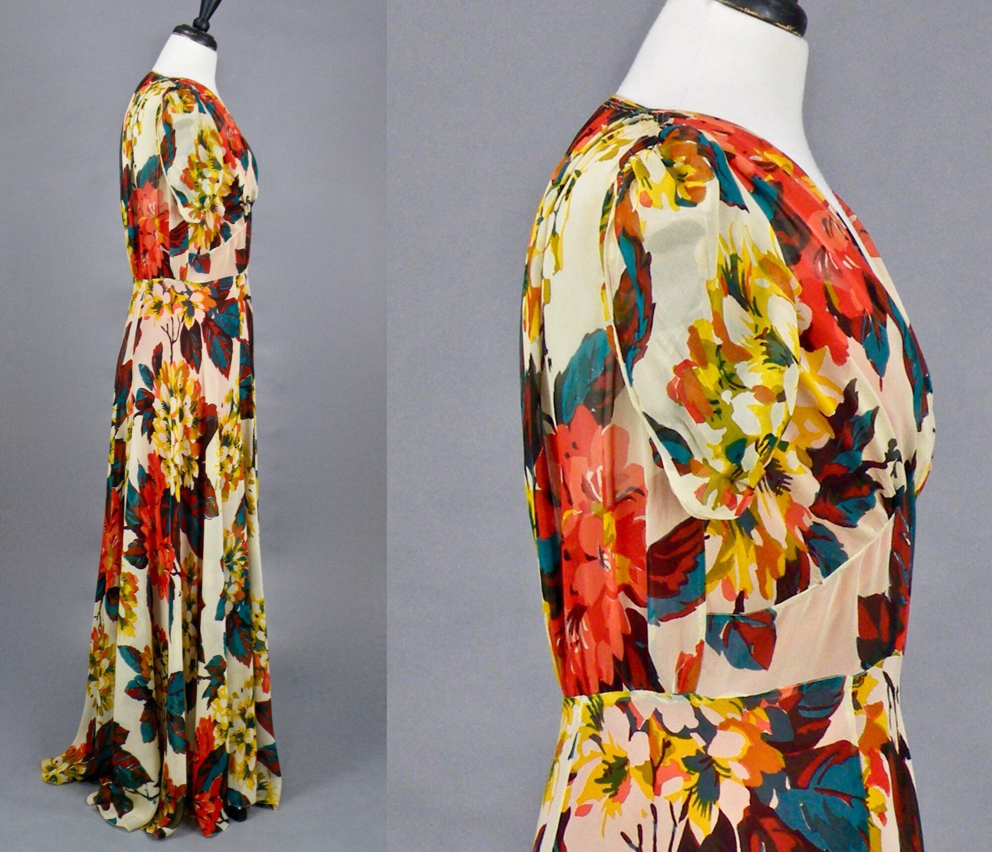 Vintage 1930s Gown, 30s Floral Chiffon Dress, FOGA Garden Party Dress ...