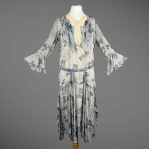 1930s Sheer Chiffon Floral Dress | Vintage Art Deco Blue Grey Leaf Print Dress with Lace Bib & Flounce Sleeves | Antique Bias Cut Dress | L