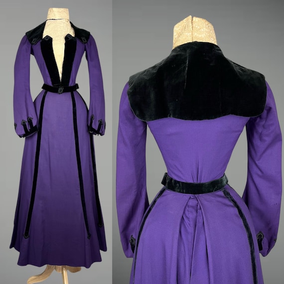 Early 1900s Victorian Edwardian Purple Dress Ensemble, Lace and Velvet Trim Antique Bishop Sleeve Bodice & Skirt Set, XS Museum Quality