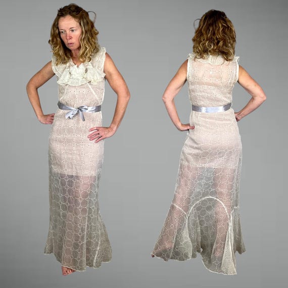 Vintage 1930s Sheer Cutwork Silk Organza Gown | Bias-Cut Ivory Floor-Length Dress | Art Deco Era | XS/S