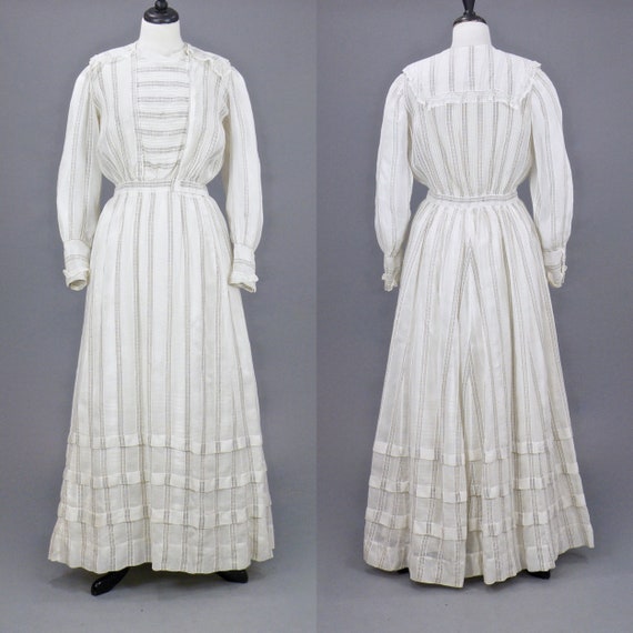 Edwardian Dress, 1900s White Dress, Lace Trim Stri