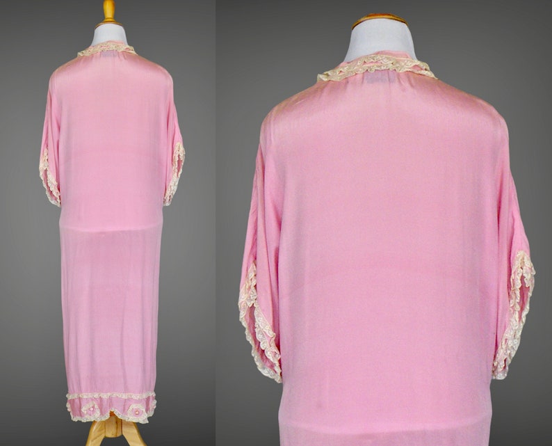 Vintage 1920s Pink Silk Lace Robe, 20s Dressing Gown, Boudoir Lingerie Loungewear, Yolande London Paris New York image 4