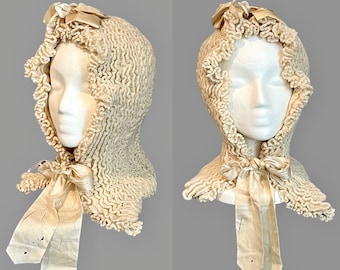 1800s Victorian Cream Wool Knit Winter Carriage Bonnet with Silk Ribbons, Antique Knit Ladies Bonnet Cap