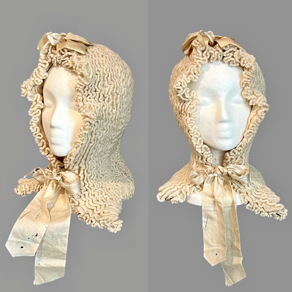 1800s Victorian Cream Wool Knit Winter Carriage Bonnet with Silk Ribbons, Antique Knit Ladies Bonnet Cap