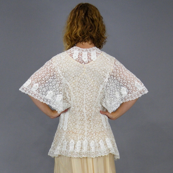 Antique 1900s White Schiffli Lace Embroidered Linen Edwardian Jacket