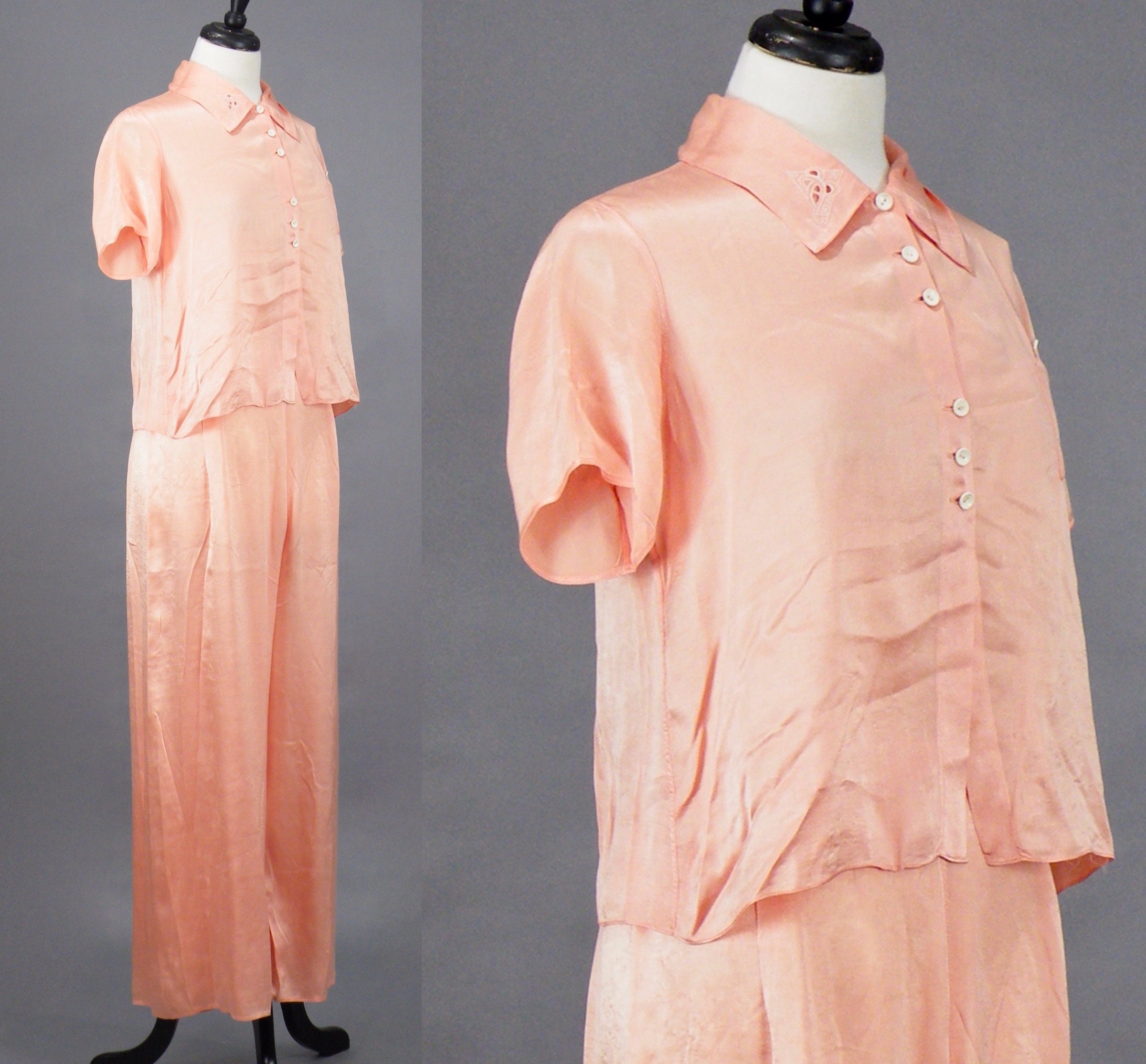 Vintage 1930s Pink Silk Wide Leg Pajamas Loungewear Set, 30s Pajama ...