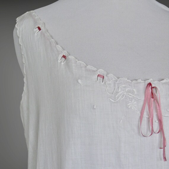 Edwardian Romper, 1900s Step-In Chemise, Antique White Embroidered Cotton Combination Undergarment with Rose Silk Ribbon Tie, Large - XL