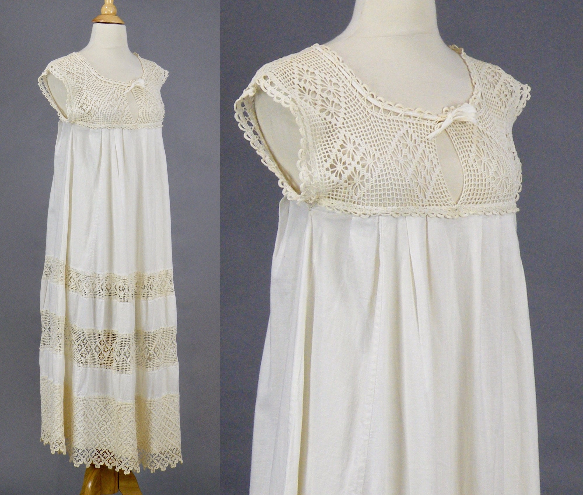 Antique 1910s Edwardian White Cotton Crochet Lace Nightgown Lingerie