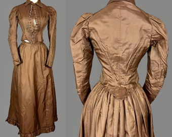 Victorian 1890s Dress, 2pc Brown Silk Victorian Bodice and Skirt Set, Antique Cut Steel Flower Shank Buttons, 25 Waist