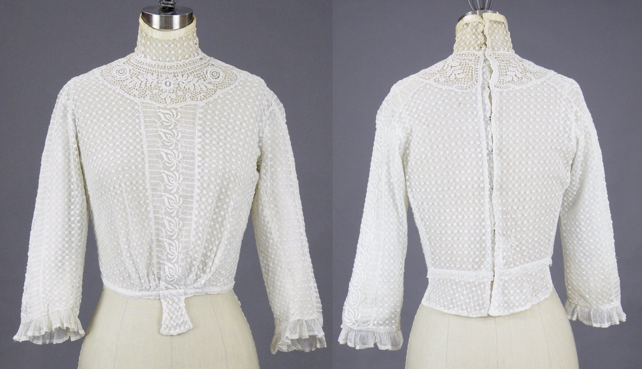 Edwardian Embroidered Net Mixed Lace Antique 1900s Blouse, XS - S