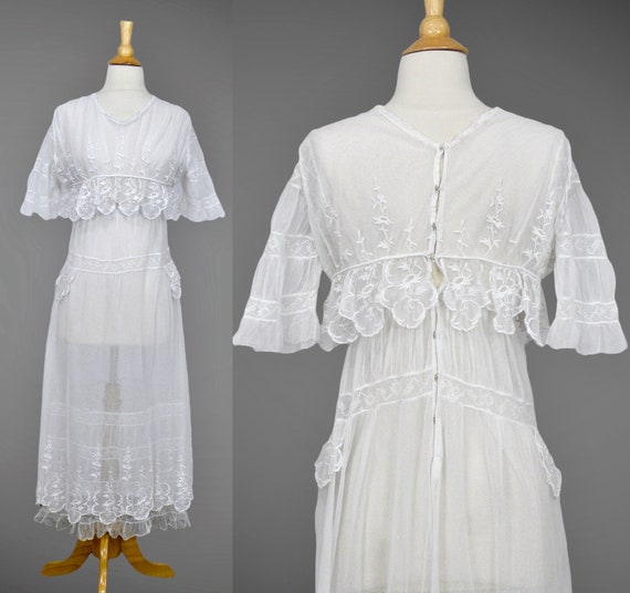 Edwardian Net Dress, Antique 1910s Embroidered Net Lace Dress, XS / S