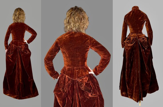 1880s Victorian Sienna Brown Velvet Bustle Dress,… - image 6