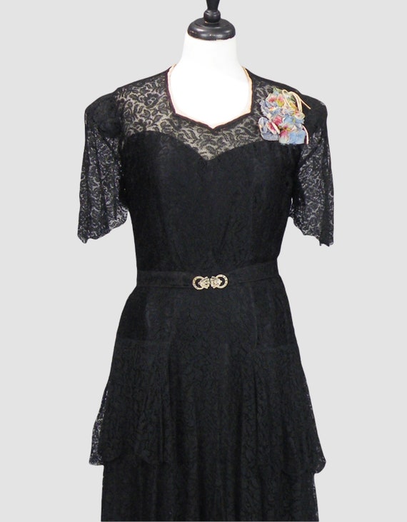 1930s Dress, Vintage 30s Lace Tiered Peplum Dress… - image 2