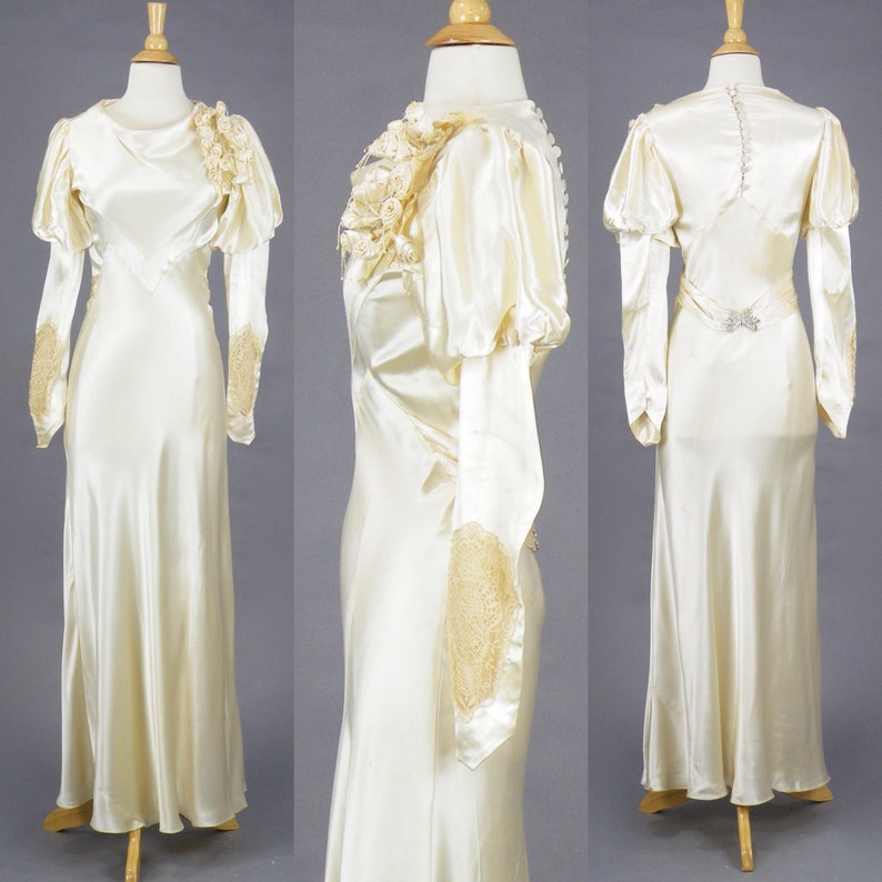 30s Bias Cut Wedding Gown Vintage 1930s Wedding Dress Ivory Satin Art Deco Bridal Dress with Butterfly Clasp Belt