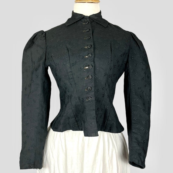 Victorian 1890s Bodice Jacket, Antique Black Textured Wool Crepe Jacket with Fancy Buttons, XS - S