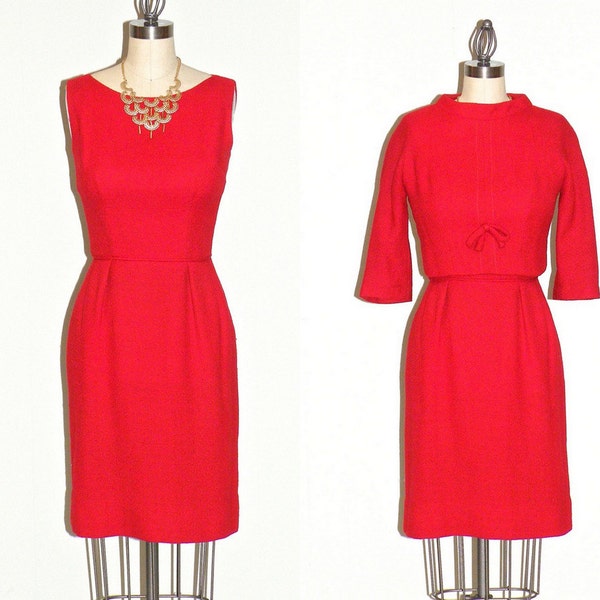 1960s Red Wool Dress and Cropped Jacket, Jackie O Vintage 60s Dress Suit, XS