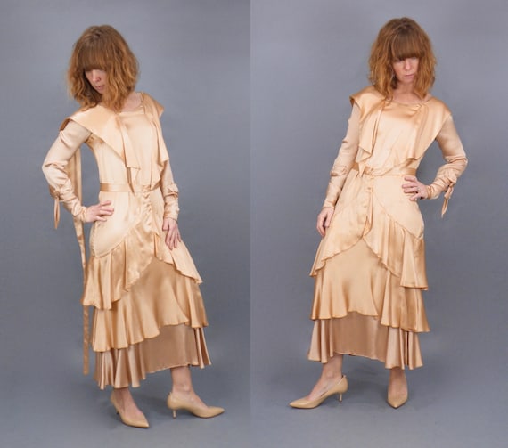 Vintage Late 1920s 30s Dress, Rose Gold Satin Lac… - image 4