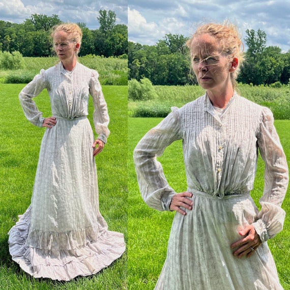 Edwardian Printed Cotton Dress, 1900s Antique Gibson Girl Dress Tiered Skirt and Blouse Set, Small