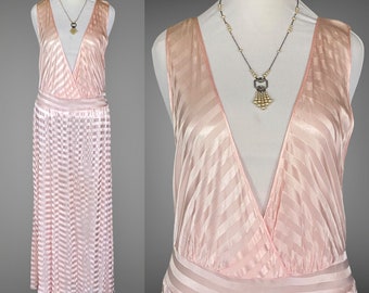 Vintage Charmode Plunging Neckline Slip Dress Nightgown, Pink Striped Deco Style Nightgown, Large