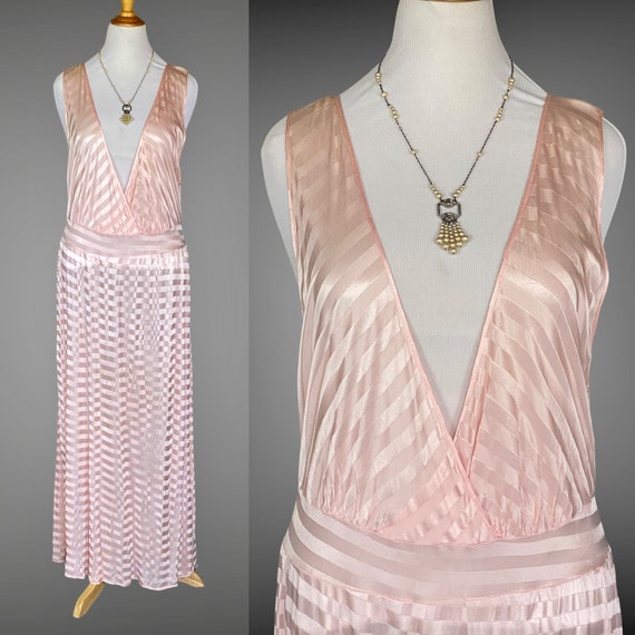 Vintage Charmode Plunging Neckline Slip Dress Nightgown, Pink Striped Deco Style Nightgown, Large