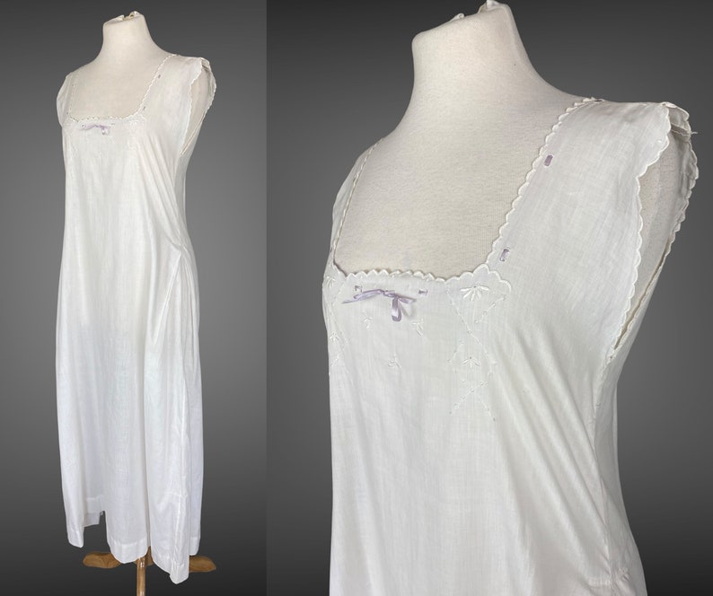Edwardian Night Dress, Antique 1910s Nightgown, White Embroidered Cotton Nightwear w Purple Ribbon Tie, Made in France, S M image 4