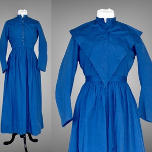 Antique 1900s Blue Mennonite Dress with Split Cape & Apron, 3pc Edwardian Pioneer Dress, Medium 29 Waist