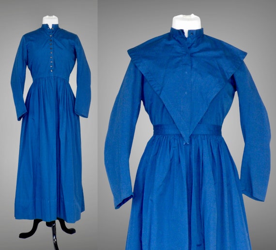 Antique 1900s Blue Mennonite Dress with Split Cape & Apron, 3pc Edwardian Pioneer Dress, Medium 29 Waist