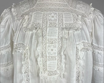 Edwardian Shirtwaist Blouse, Antique 1900s Cotton Lace Blouse, Full 3/4 Length, M - L