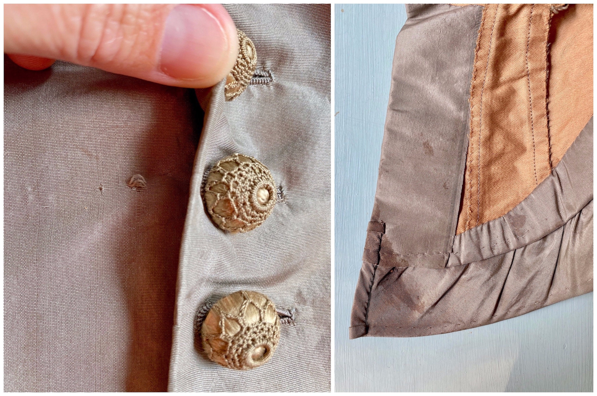 Antique 1870s Victorian Taupe Silk Peplum Bodice Jacket, XXS - XS