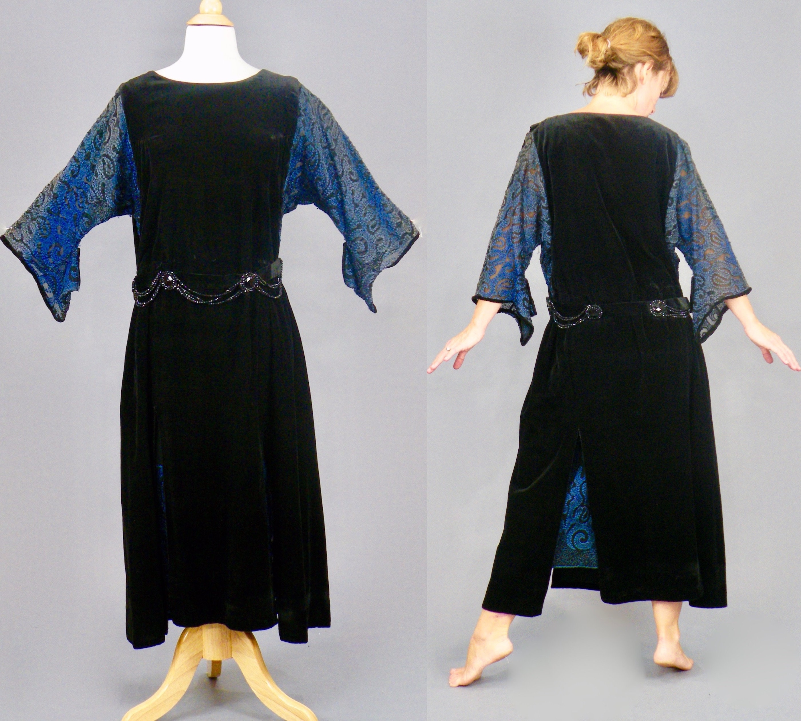 Antique Late 1910s 1920s Velvet Embroidered Flapper Dress with ...